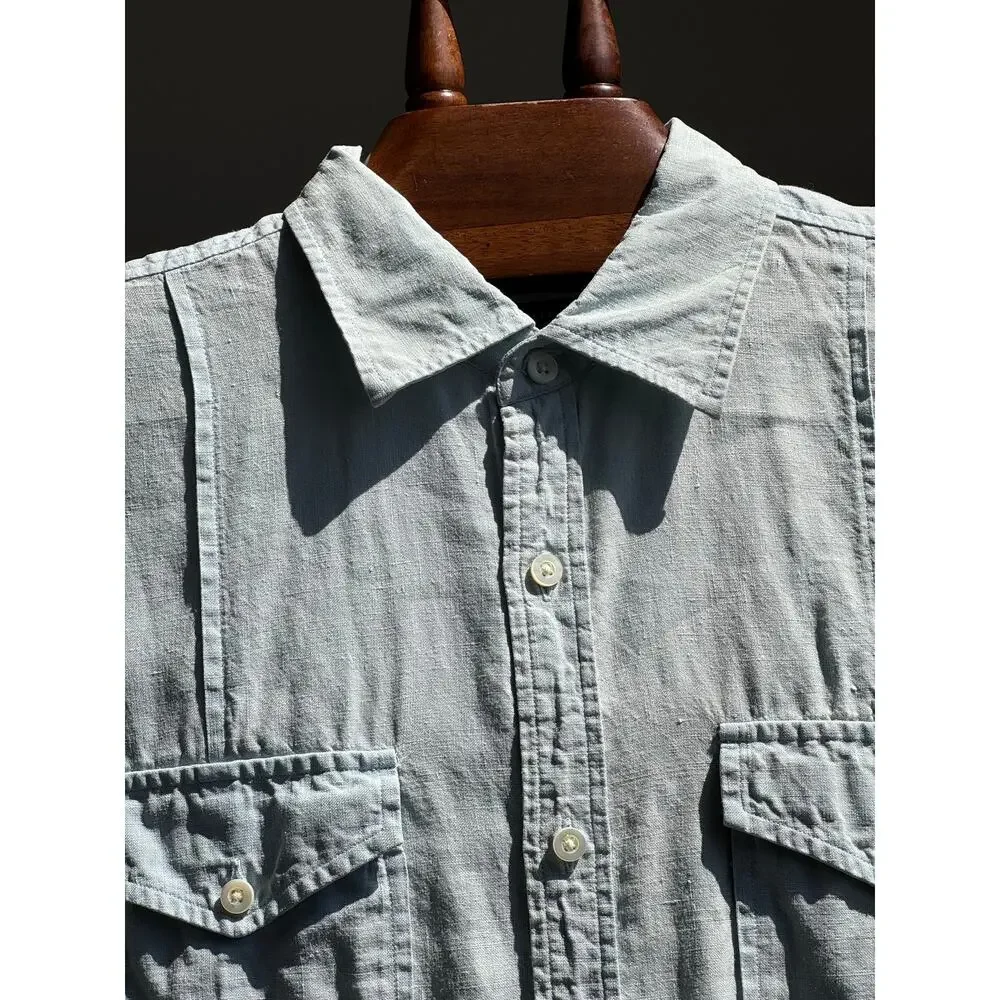 Banana Republic 100% Linen Shirt Men’s L Blue Short Sleeve Safari Beach Coastal